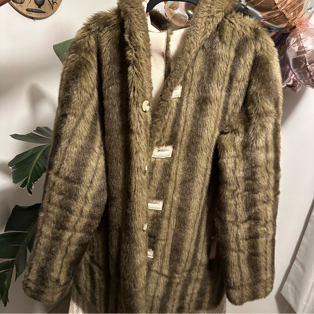 Dennis Basso Mid Length Hooded Faux Suede Faux Fur Coat